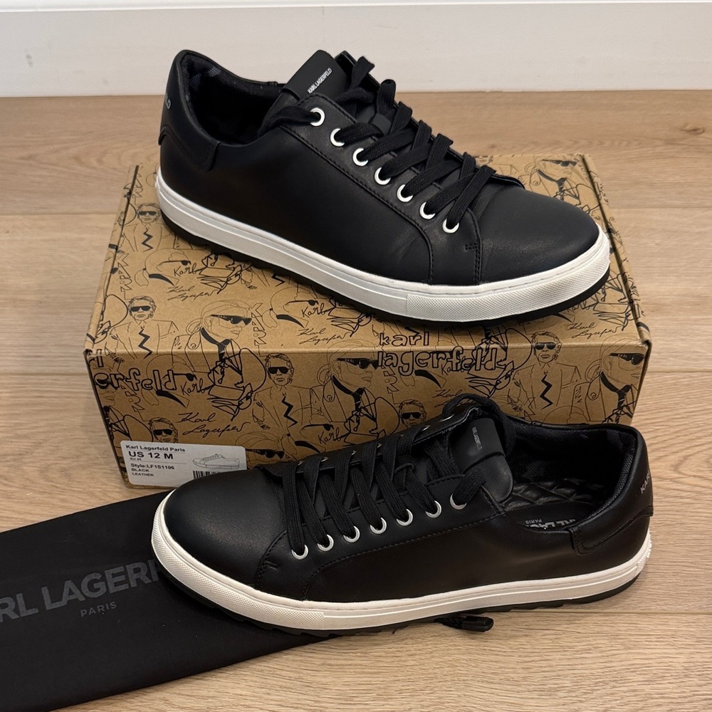 Karl Lagerfeld Black Leather Low-Top Sneakers with White Sole